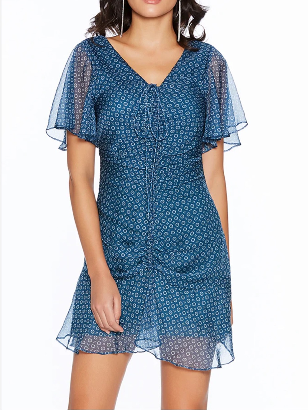 Avantlook Teal Dot-Print Flare Sleeve Mini Dress Womens Sz Medium
